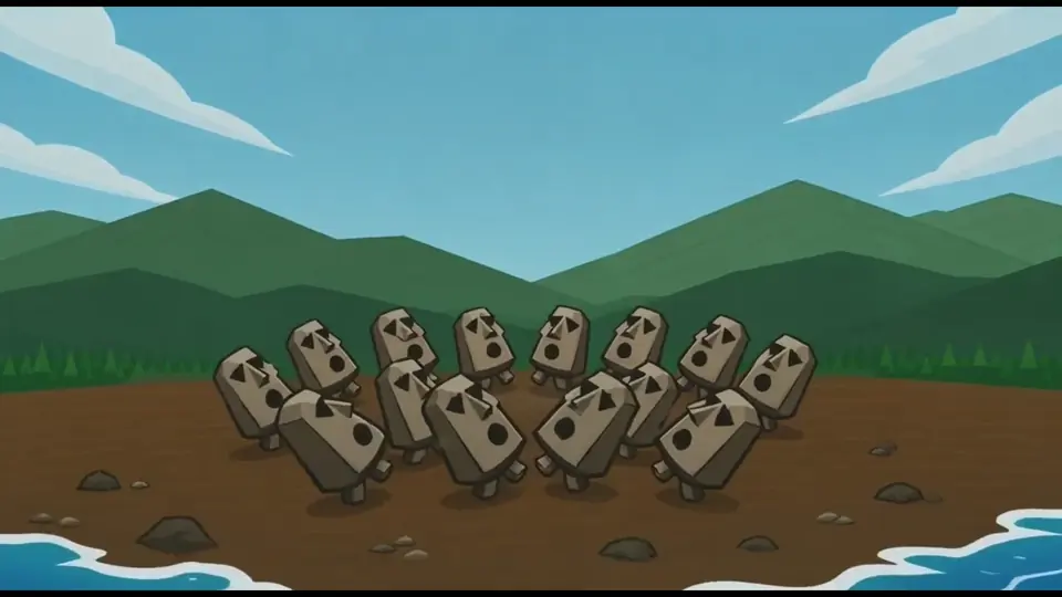 Moai Wanna Slam: a crowd of moai statues on a beach