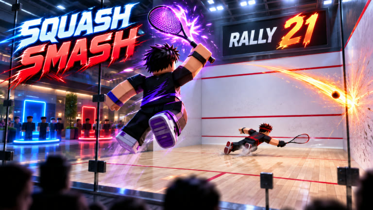 Squash Smash: a Roblox player leaps for a flaming squash ball in a glass court
